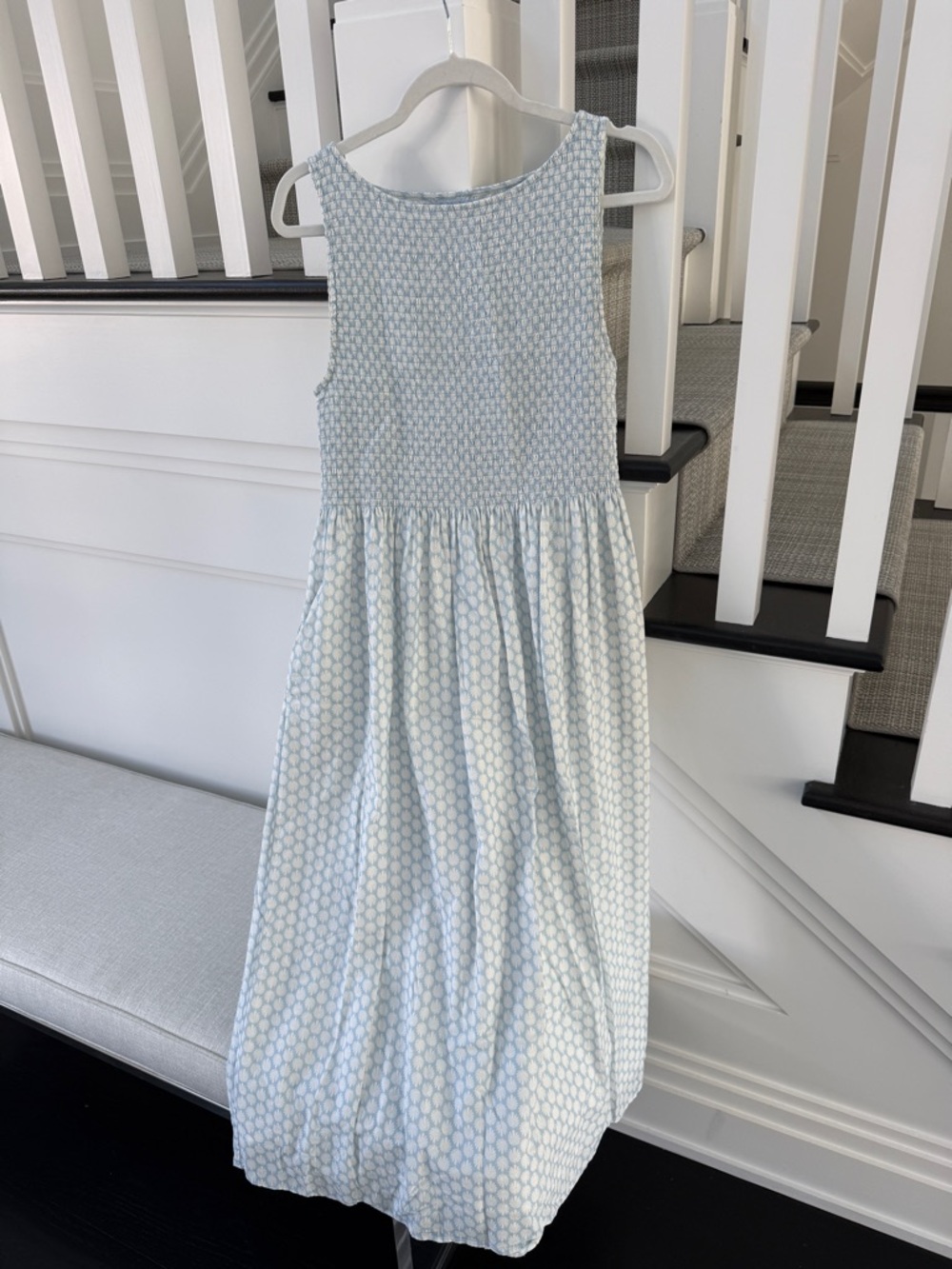 Hill House Pale Blue and White Sleeveless Smocked Bodice Maxi Dress